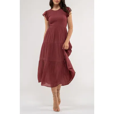 Blu Pepper Flutter Sleeve Smocked Tiered Midi Dress In Pink