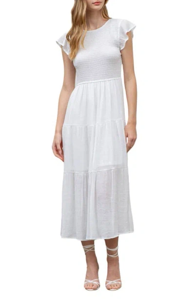 Blu Pepper Flutter Sleeve Smocked Tiered Midi Dress In White