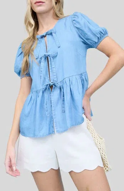 Blu Pepper Front Tie Puff Sleeve Chambray Top In Blue