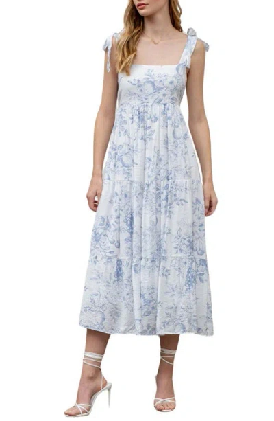 Blu Pepper Fruit Blossom Tie Strap Tiered Midi Sundress In Blue