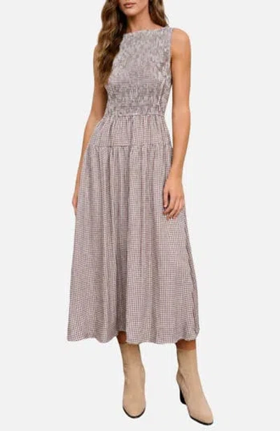 Blu Pepper Gingham Smocked Midi Dress In Neutral