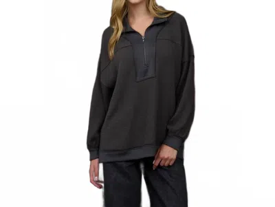 Blu Pepper Half Zip Collared Waffle Knit Top In Charcoal In Black