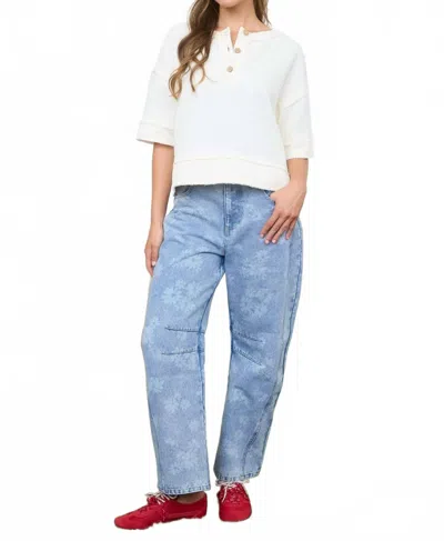 Blu Pepper Henley Short Sleeve Waffle Knit Top In Cream In Neutral