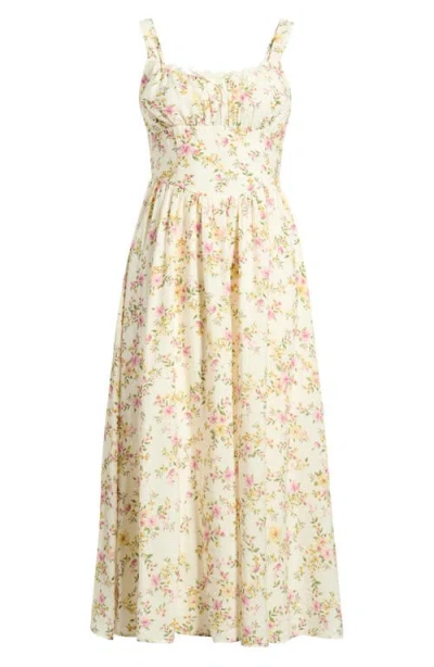 Blu Pepper Lace Detail Floral Midi Dress In Neutral