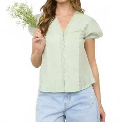 Blu Pepper Lace Detail Puff Sleeve Button Down Blouse In Sage Green