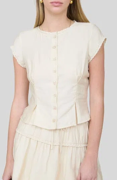Blu Pepper Lace Trim Cap Sleeve Button-up Top In Neutral