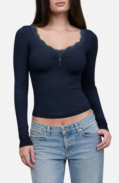 Blu Pepper Lace Trim Knit Henley Top In Navy