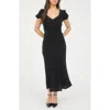 Blu Pepper Lace Trim Puff Sleeve Midi Dress In Black