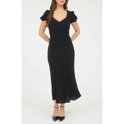 Blu Pepper Lace Trim Puff Sleeve Midi Dress In Black