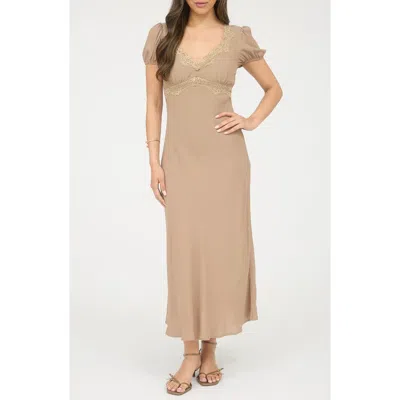 Blu Pepper Lace Trim Puff Sleeve Midi Dress In Brown
