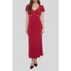 Blu Pepper Lace Trim Puff Sleeve Midi Dress In Red