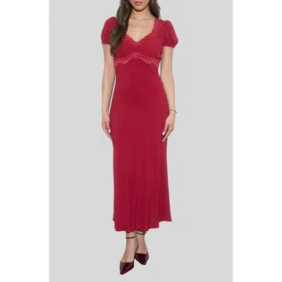 Blu Pepper Lace Trim Puff Sleeve Midi Dress In Red