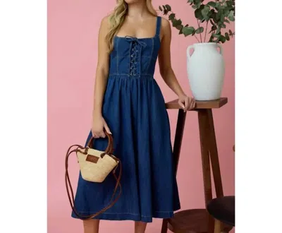 Blu Pepper Lace Up Sleeveless Midi Dress In Denim In Blue
