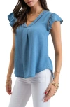 Blu Pepper Ladder Stitch Flutter Sleeve Tencel® Lyocell Chambray Top In Chambray