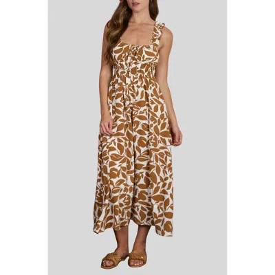 Blu Pepper Leaf Print Ruffle Strap Empire Waist Midi Dress In Brown