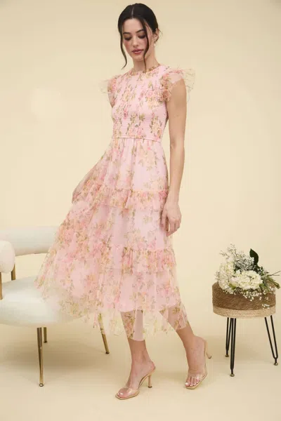 Blu Pepper Lucia Floral Smocked Tiered Maxi Dress In Pink