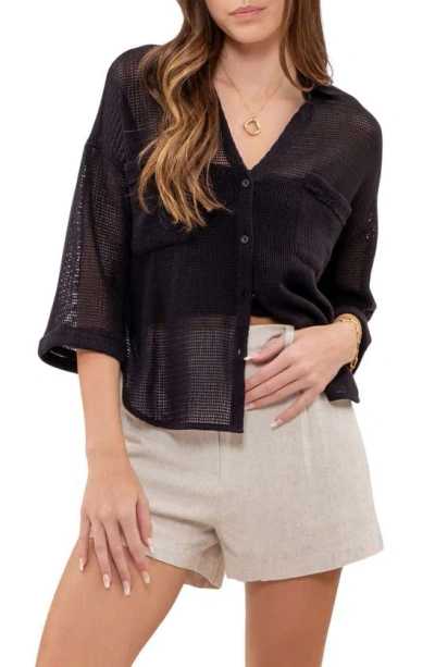 Blu Pepper Mesh Knit Sheer Button Front Top In Black