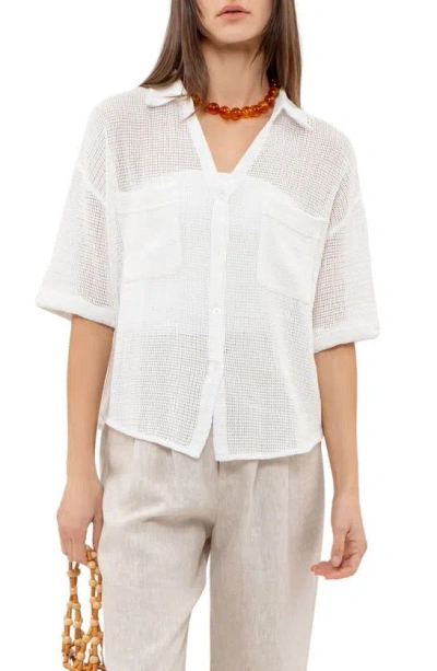 Blu Pepper Mesh Knit Sheer Button Front Top In White