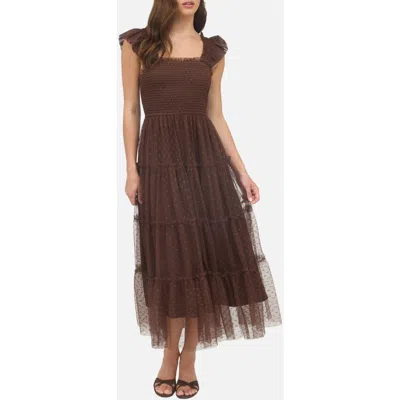 Blu Pepper Mesh Smocked Tiered Midi Dress In Brown