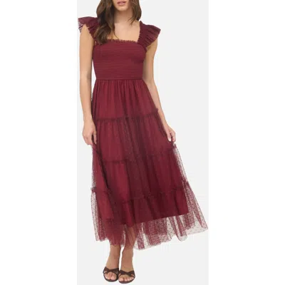 Blu Pepper Mesh Smocked Tiered Midi Dress In Burgundy