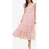 Blu Pepper Mesh Smocked Tiered Midi Dress In Pink