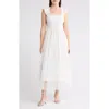 Blu Pepper Mesh Smocked Tiered Midi Dress In White