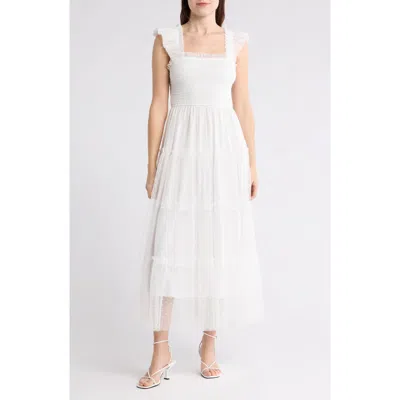 Blu Pepper Mesh Smocked Tiered Midi Dress In White
