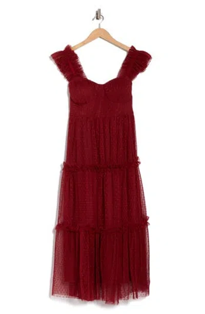Blu Pepper Mesh Tiered Midi Dress In Burgundy