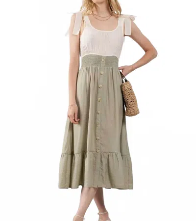 Blu Pepper Mixed Media Button Down Midi Dress In Light Olive In Green