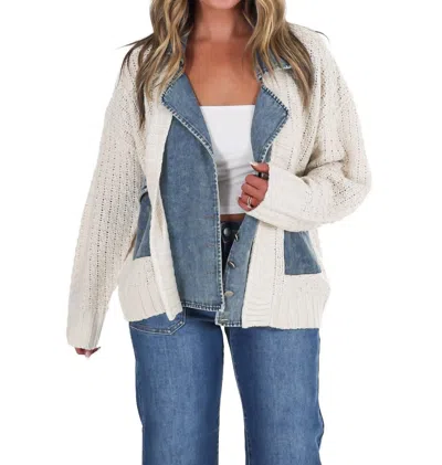 Blu Pepper Mixed Media Cable Knit Denim Trim Jacket In Natural In Blue