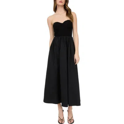 Blu Pepper Mixed Media Strapless Midi Dress In Black