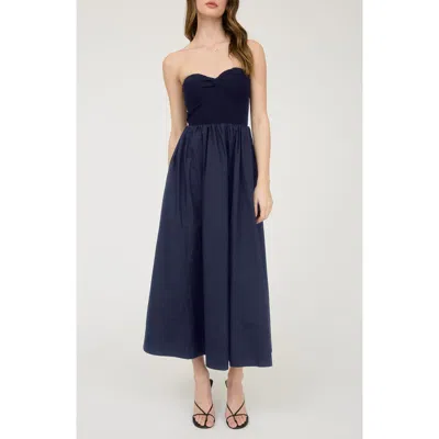 Blu Pepper Mixed Media Strapless Midi Dress In Blue