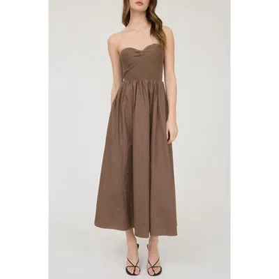 Blu Pepper Mixed Media Strapless Midi Dress In Brown