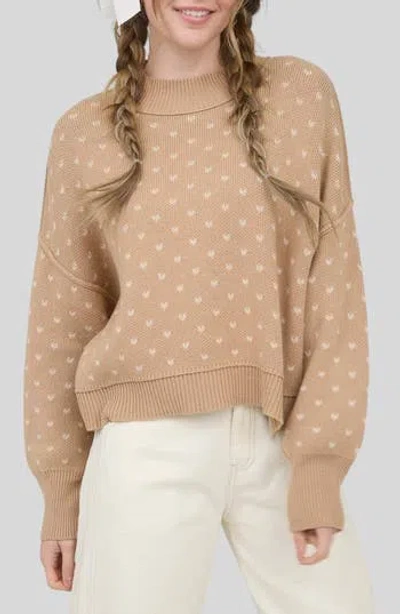 Blu Pepper Mock Neck Heart Knit Sweater In Brown