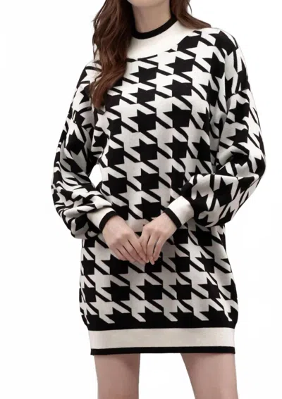 Blu Pepper Mock Neck Houndstooth Sweater Dress In Black Multi