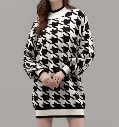 Blu Pepper Mock Neck Houndstooth Sweater Dress In Black/white In Multi