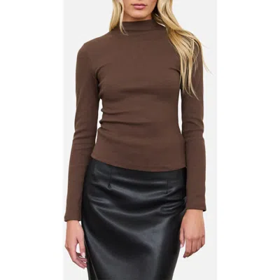 Blu Pepper Mock Neck Long Sleeve Ribbed Knit Top In Brown
