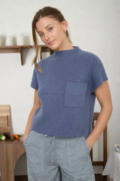 Blu Pepper Mock Neck Pocket Detail Short Sleeve Knit Sweater In Denim Blue