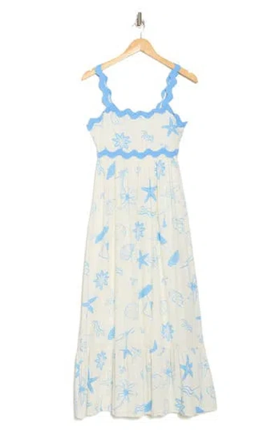 Blu Pepper Ocean Print Empire Waist Midi Dress In Blue