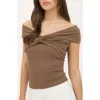 Blu Pepper Off The Shoulder Knit Crop Top In Brown