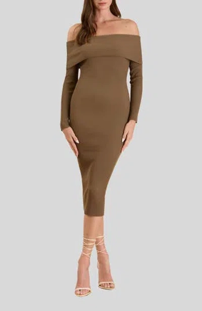 Blu Pepper Off The Shoulder Midi Sweater Dress In Brown
