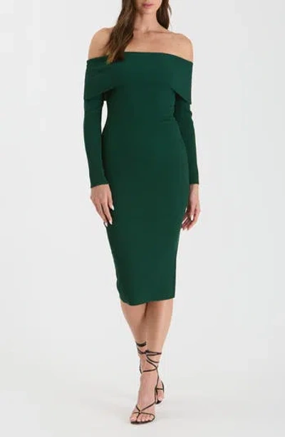 Blu Pepper Off The Shoulder Midi Sweater Dress In Hunter Green