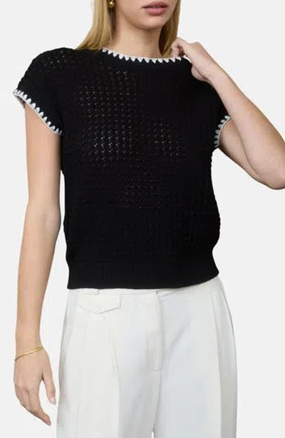 Blu Pepper Open Knit Short Sleeve Sweater In Black