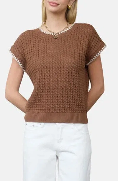 Blu Pepper Open Knit Short Sleeve Sweater In Brown