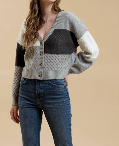 Blu Pepper V-neck Patchwork Cable Knit Cardigan In Charcoal Multi In Gray