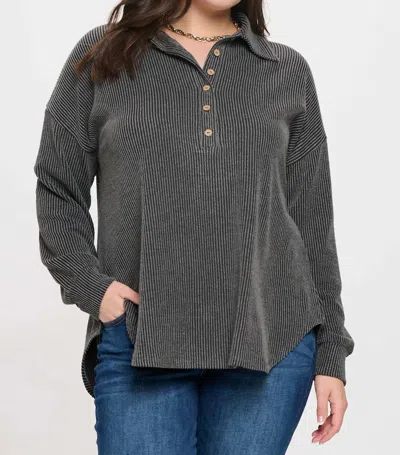 Blu Pepper Pinstripe Collared Half Button Knit Top - Plus In Charcoal In Gray