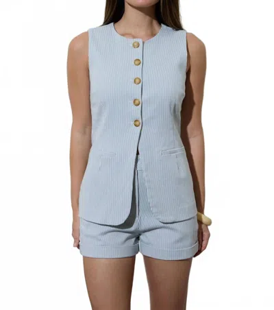 Blu Pepper Pinstripe Longline Button Down Denim Vest In Blue