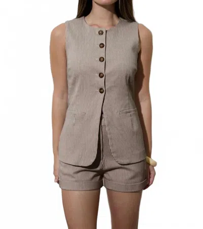 Blu Pepper Pinstripe Longline Button Down Denim Vest In Brown