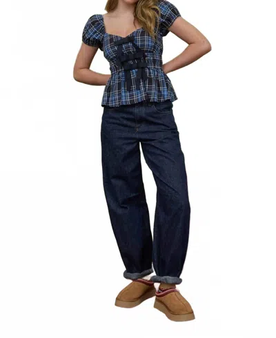 Blu Pepper Plaid Bow Tie Front Puff Sleeve Peplum Blouse Top In Blue In Multi