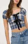 Blu Pepper Plaid Bow Top In Blue
